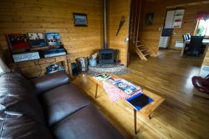 a living room with a couch and a fireplace at Fjalladýrð Guesthouse in Modrudalur