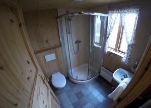 a bathroom with a shower and a toilet and a sink at Fjalladýrð Guesthouse in Modrudalur +37 photos