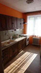 a kitchen with orange walls and wooden cabinets at Penzion Tendr in Deštné v Orlických horách