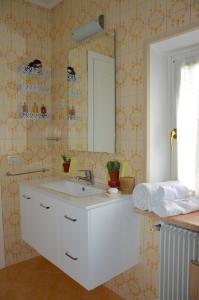 un bagno con un lavandino bianco e uno specchio di B&B LE ORTENSIE a Castagnole