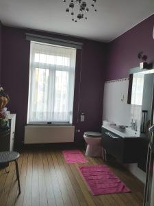 a bathroom with a toilet and a sink and a window at B&B Au Jardin Fleuri in Marche-en-Famenne