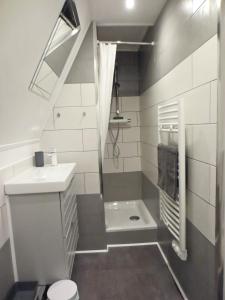 La petite salle de bains est pourvue d'un lavabo et de toilettes. dans l'établissement L'IDEAL 6 ( casino a 50m, plage a 150m), à Trouville-sur-Mer