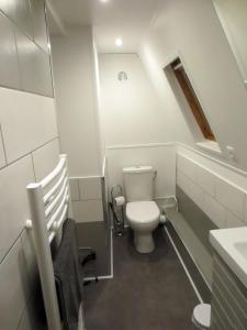 La petite salle de bains est pourvue de toilettes et d'un lavabo. dans l'établissement L'IDEAL 6 ( casino a 50m, plage a 150m), à Trouville-sur-Mer