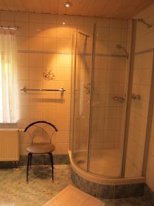 a shower with a chair in a bathroom at Ferienwohnungen Oberwiesenthal in Kurort Oberwiesenthal