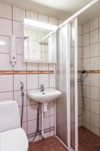 a bathroom with a sink and a shower at Hotel Kajaani in Kajaani