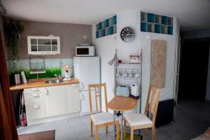 a kitchen with a table and chairs and a refrigerator at Ferienappartement Marx in Lütz