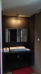 baño con lavabo y espejo grande en Quinta das Pias - Holiday Farm, en Pinhel