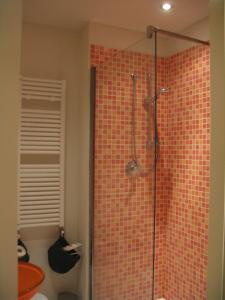 a bathroom with a shower with red tile on the wall at Sincresis in Empoli