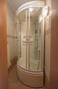 a glass shower in a bathroom with a sink at Apartments Oaza in Dramalj