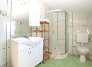ein Bad mit einem Waschbecken, einem WC und einer Dusche in der Unterkunft Apartment Damira 1017 in Fažana