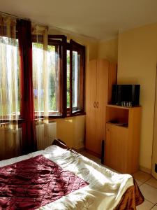 カルパチにあるWilla Janosikのベッドルーム1室(ベッド1台、窓2つ付)