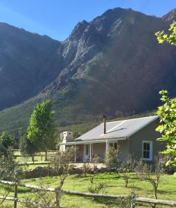 a white house with a mountain in the background at Olive Cottage in Franschhoek