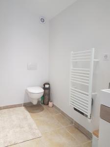 La salle de bains blanche est pourvue de toilettes et d'un lavabo. dans l'établissement Séjour Pic Saint Loup, à Saint-Mathieu-de-Tréviers