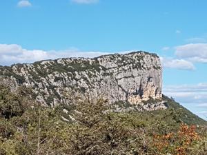 a rocky mountain with trees in the foreground at Séjour Pic Saint Loup in Saint-Mathieu-de-Tréviers