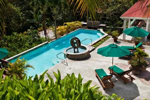 una piscina con sillas y sombrillas junto a ella en La Dauphine Estate, en Soufrière