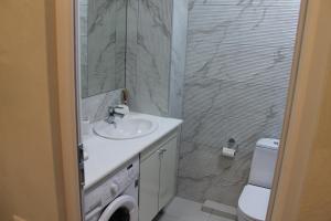 a bathroom with a sink and a shower with a toilet at Saburtalo Apartment in Tbilisi City