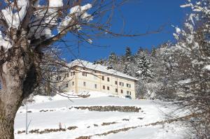 ein Gebäude im Schnee mit schneebedeckten Bäumen in der Unterkunft Rosa dei venti in Lavarone