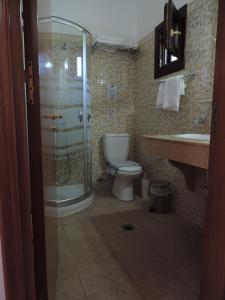a bathroom with a shower and a toilet and a sink at Mandraki Paradise in Meyisti