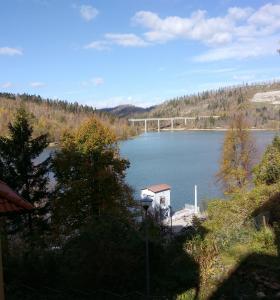 a view of a lake with a bridge in the background at apartman NOA in Fužine