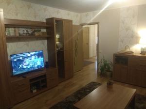 a living room with a flat screen tv on a entertainment center at Fishingport in Klaipėda