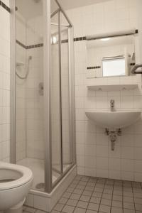 a bathroom with a shower and a toilet and a sink at Jugendherberge Freiburg in Freiburg im Breisgau