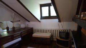 Zimmer im Dachgeschoss mit einem Tisch und einem TV in der Unterkunft Mini Apartment Best Rest in Plowdiw
