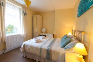 a bedroom with a bed with blue pillows and a window at Pleasant Maris in Highweek