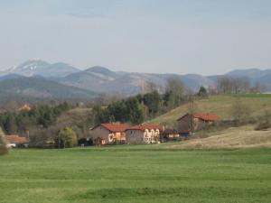 a house in a field with mountains in the background at Pension Na Meji in Pivka