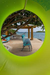 a green chair sitting on the beach near the water at Serene by the Sea in Savaneta