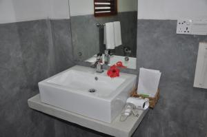 a bathroom with a white sink and a mirror at Grand freedom in Sigiriya +62 photos