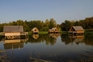 eine Gruppe von Cottages auf einem See in der Unterkunft Aqualodge Hôtel Insolite in Ermeton-sur-Biert