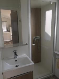 een badkamer met een wastafel, een spiegel en een douche bij Camping Milella in Propriano