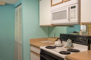 a kitchen with a stove and a microwave at Sunrise Suites Jamaica Suite #102 in Key West