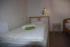 een kleine slaapkamer met 2 bedden en een groen kussen bij Zvezdica in Ljubljana