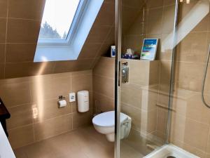a bathroom with a toilet and a glass shower at Tiffany´s Ferienapartments sind alles, außer... gewöhnlich!!! in Timmendorfer Strand +153 photos
