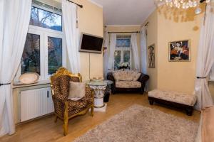 a living room with chairs and a tv and windows at King Luitpold Apartment in Bad Reichenhall