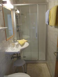 a bathroom with a shower and a sink and a toilet at Haus Friedl in Kitzbühel