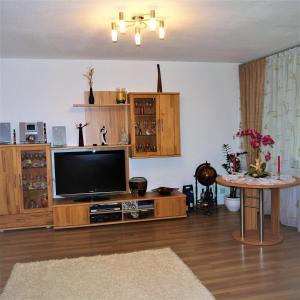 a living room with a television and a table at Messe Zimmer in geteilter Wohnung in Hannover
