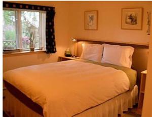 a bedroom with a large white bed with a window at Alaska Chalet Bed & Breakfast in Eagle River