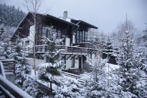 dom pokryty śniegiem z drzewami przed nim w obiekcie Casa Ferica w mieście Azuga
