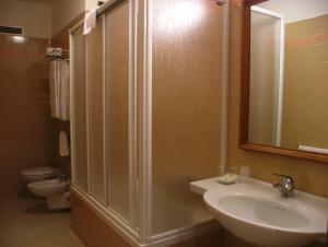 a bathroom with a shower and a sink and a toilet at Hotel Centro di Spiritualità Padre Pio in San Giovanni Rotondo