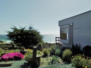 un jardín frente a una casa con el océano en el fondo en Cabaña Vista Bahia Algarrobo en Algarrobo