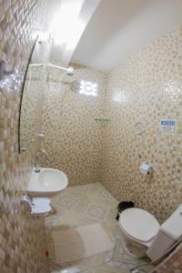 a bathroom with a shower and a toilet and a sink at Pousada Barros in Jericoacoara