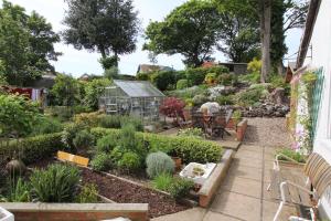 a garden with a greenhouse and many plants at Southfield House in Hornsea