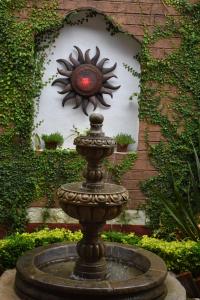 een fontein in een tuin met een zonnebloem aan de muur bij Hotel Mi Pueblito by Rotamundos in Tapalpa