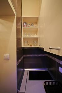 a bathroom with a purple floor and shelves at Apartman Vanja in Bar