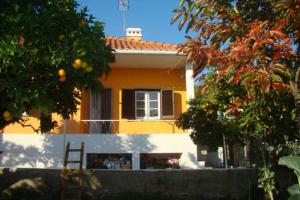 a yellow and white house with a window and trees at Vivenda tilia in Pernes