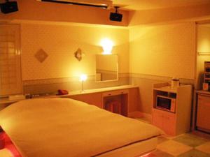 a bedroom with a bed and a counter with lights at Hotel Green Hill in Fukaya