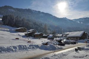 ein schneebedecktes Dorf mit Bergen im Hintergrund in der Unterkunft Résidence Joséphine in Châtel