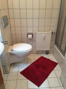 a bathroom with a toilet and a red rug at Ferienwohnungen Plauen in Plauen